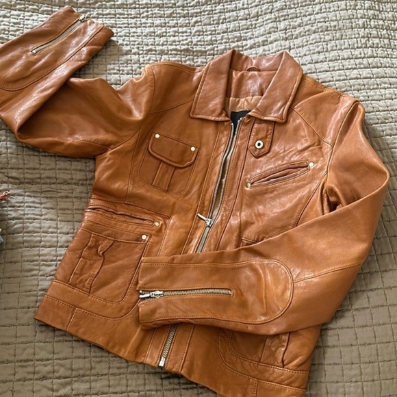 Identify Excellent cognac Collar Leather Zipper Jacket Women’s Size Small or 4 - Picture 1 of 8